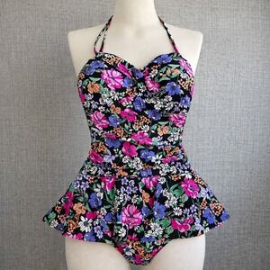 Alisha Levine Slimming One Piece Swimsuit Floral Halter Ruched Skirted Size 12